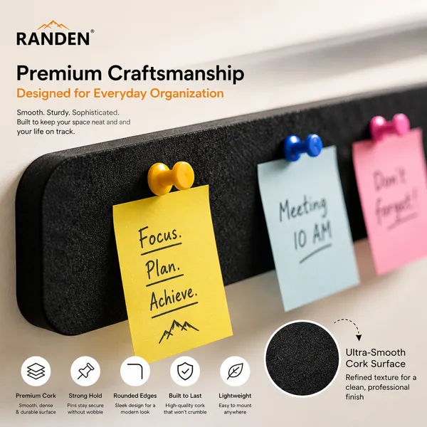 RANDEN_Self_Adhesive_Felt_Bulletin_Bar_Strip,_Multicolor_Board_Strips_with_35_Push_Pins,_Lightweight_Notice_Board_for_Notes,_Photos_and_Schedules_(BLACK)