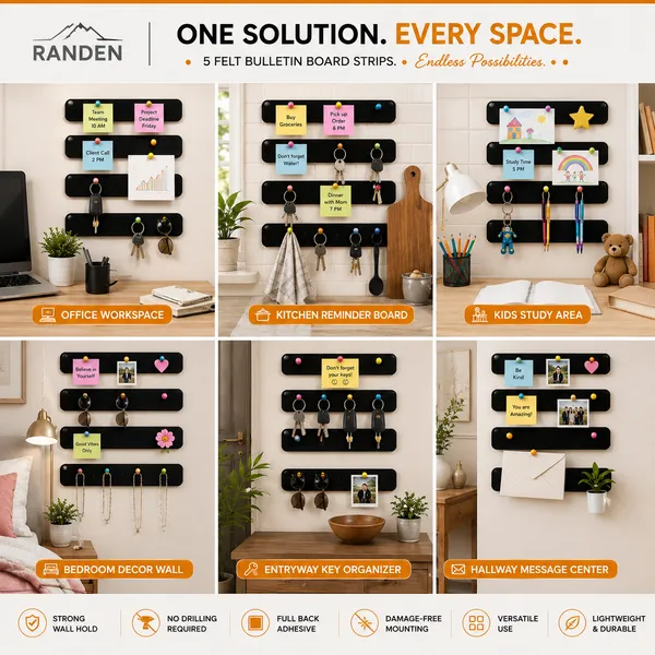 RANDEN_Self_Adhesive_Felt_Bulletin_Bar_Strip,_Multicolor_Board_Strips_with_35_Push_Pins,_Lightweight_Notice_Board_for_Notes,_Photos_and_Schedules_(BLACK)
