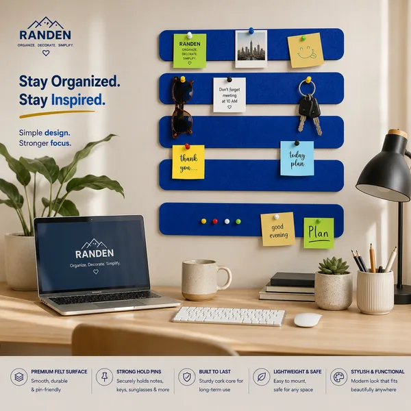 RANDEN_Self_Adhesive_Felt_Bulletin_Bar_Strip,_Multicolor_Board_Strips_with_35_Push_Pins,_Lightweight_Notice_Board_for_Notes,_Photos_and_Schedules_(BLUE)