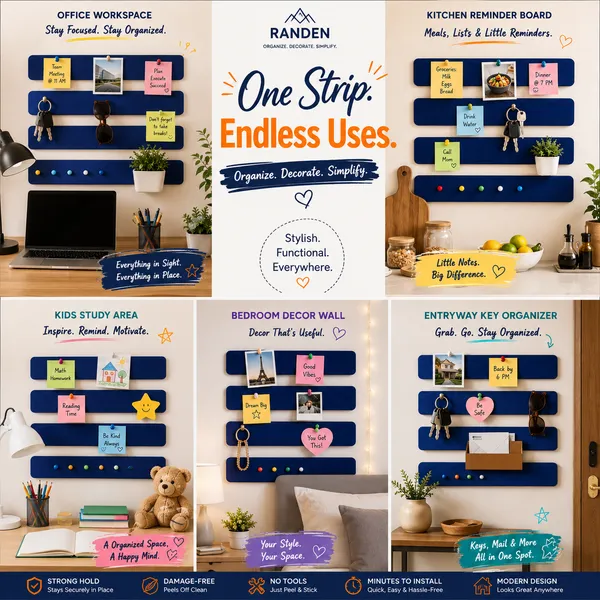 RANDEN_Self_Adhesive_Felt_Bulletin_Bar_Strip,_Multicolor_Board_Strips_with_35_Push_Pins,_Lightweight_Notice_Board_for_Notes,_Photos_and_Schedules_(BLUE)