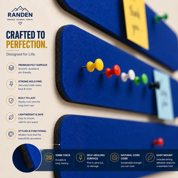 RANDEN_Self_Adhesive_Felt_Bulletin_Bar_Strip,_Multicolor_Board_Strips_with_35_Push_Pins,_Lightweight_Notice_Board_for_Notes,_Photos_and_Schedules_(BLUE)