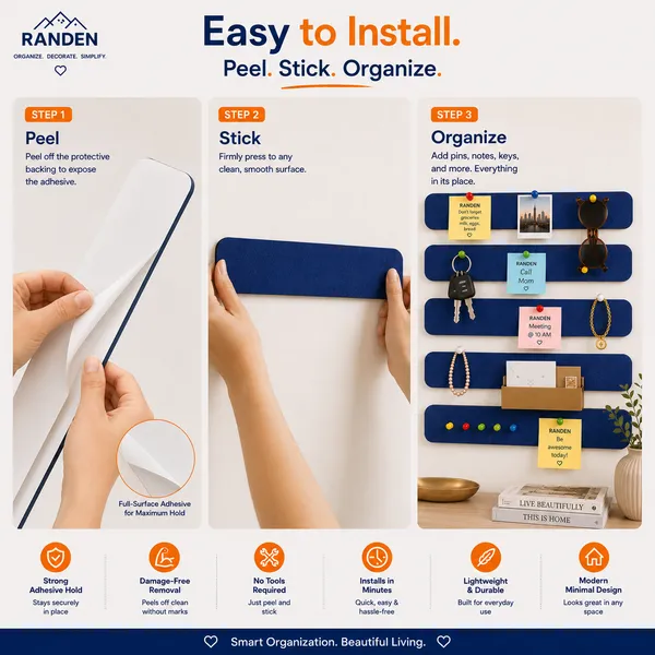 RANDEN_Self_Adhesive_Felt_Bulletin_Bar_Strip,_Multicolor_Board_Strips_with_35_Push_Pins,_Lightweight_Notice_Board_for_Notes,_Photos_and_Schedules_(BLUE)