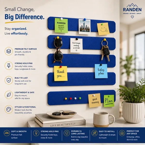 RANDEN_Self_Adhesive_Felt_Bulletin_Bar_Strip,_Multicolor_Board_Strips_with_35_Push_Pins,_Lightweight_Notice_Board_for_Notes,_Photos_and_Schedules_(BLUE)