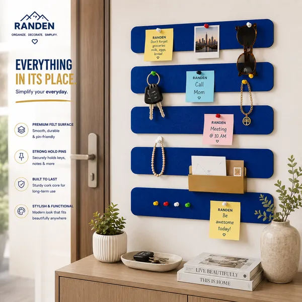 RANDEN_Self_Adhesive_Felt_Bulletin_Bar_Strip,_Multicolor_Board_Strips_with_35_Push_Pins,_Lightweight_Notice_Board_for_Notes,_Photos_and_Schedules_(BLUE)