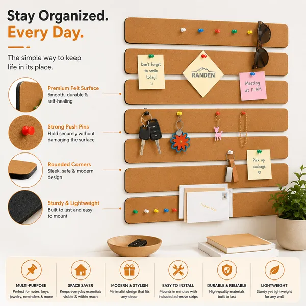 RANDEN_Self_Adhesive_Felt_Bulletin_Bar_Strip,_Multicolor_Board_Strips_with_35_Push_Pins,_Lightweight_Notice_Board_for_Notes,_Photos_and_Schedules_(BROWN)