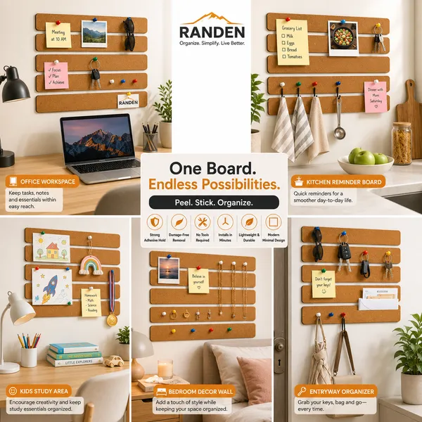 RANDEN_Self_Adhesive_Felt_Bulletin_Bar_Strip,_Multicolor_Board_Strips_with_35_Push_Pins,_Lightweight_Notice_Board_for_Notes,_Photos_and_Schedules_(BROWN)