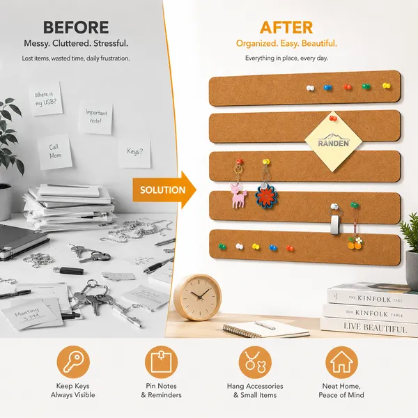 RANDEN_Self_Adhesive_Felt_Bulletin_Bar_Strip,_Multicolor_Board_Strips_with_35_Push_Pins,_Lightweight_Notice_Board_for_Notes,_Photos_and_Schedules_(BROWN)