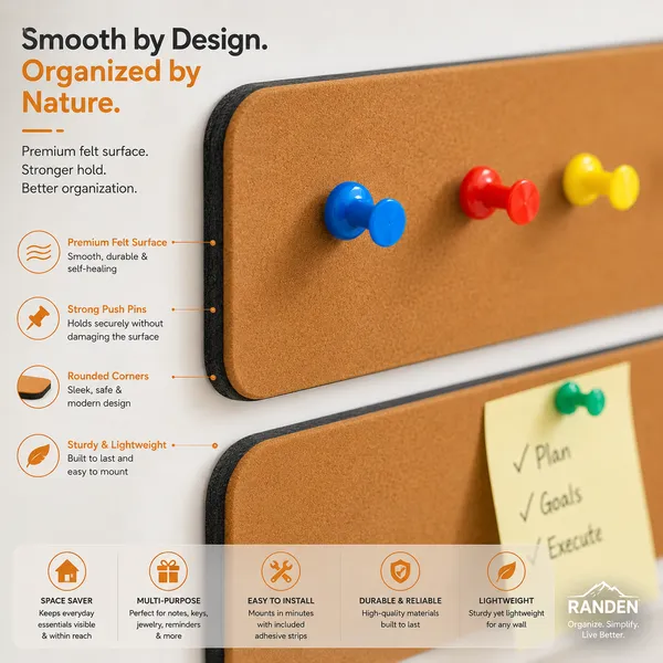 RANDEN_Self_Adhesive_Felt_Bulletin_Bar_Strip,_Multicolor_Board_Strips_with_35_Push_Pins,_Lightweight_Notice_Board_for_Notes,_Photos_and_Schedules_(BROWN)