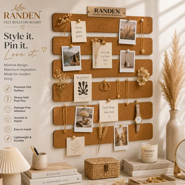 RANDEN_Self_Adhesive_Felt_Bulletin_Bar_Strip,_Multicolor_Board_Strips_with_35_Push_Pins,_Lightweight_Notice_Board_for_Notes,_Photos_and_Schedules_(BROWN)