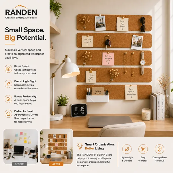 RANDEN_Self_Adhesive_Felt_Bulletin_Bar_Strip,_Multicolor_Board_Strips_with_35_Push_Pins,_Lightweight_Notice_Board_for_Notes,_Photos_and_Schedules_(BROWN)