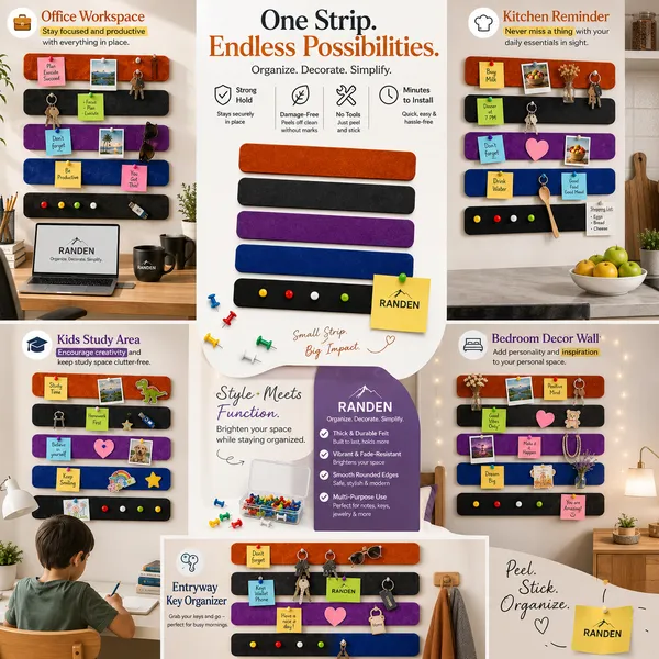 RANDEN_Self_Adhesive_Felt_Bulletin_Bar_Strip,_Multicolor_Board_Strips_with_35_Push_Pins,_Lightweight_Notice_Board_for_Notes,_Photos_and_Schedules_(COLOR)