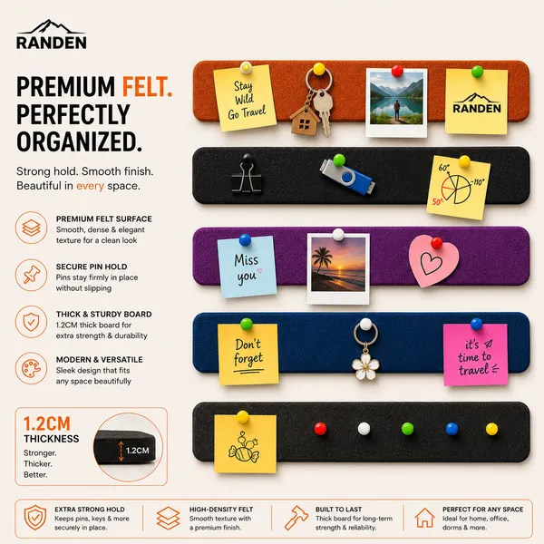 RANDEN_Self_Adhesive_Felt_Bulletin_Bar_Strip,_Multicolor_Board_Strips_with_35_Push_Pins,_Lightweight_Notice_Board_for_Notes,_Photos_and_Schedules_(COLOR)