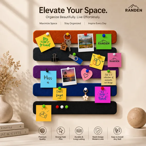 RANDEN_Self_Adhesive_Felt_Bulletin_Bar_Strip,_Multicolor_Board_Strips_with_35_Push_Pins,_Lightweight_Notice_Board_for_Notes,_Photos_and_Schedules_(COLOR)