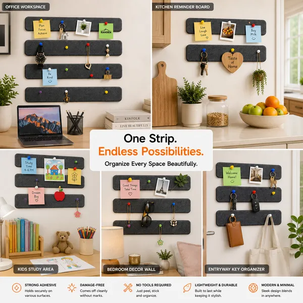 RANDEN_Self_Adhesive_Felt_Bulletin_Bar_Strip,_Multicolor_Board_Strips_with_35_Push_Pins,_Lightweight_Notice_Board_for_Notes,_Photos_and_Schedules_(GREY)