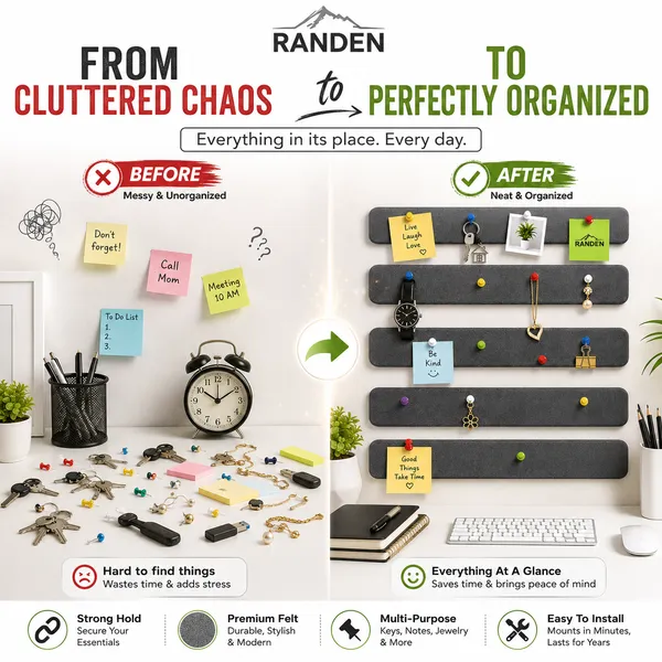 RANDEN_Self_Adhesive_Felt_Bulletin_Bar_Strip,_Multicolor_Board_Strips_with_35_Push_Pins,_Lightweight_Notice_Board_for_Notes,_Photos_and_Schedules_(GREY)