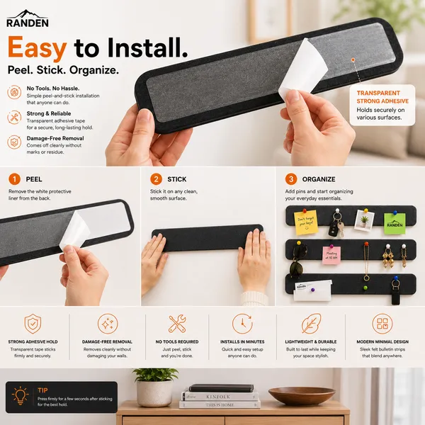 RANDEN_Self_Adhesive_Felt_Bulletin_Bar_Strip,_Multicolor_Board_Strips_with_35_Push_Pins,_Lightweight_Notice_Board_for_Notes,_Photos_and_Schedules_(GREY)