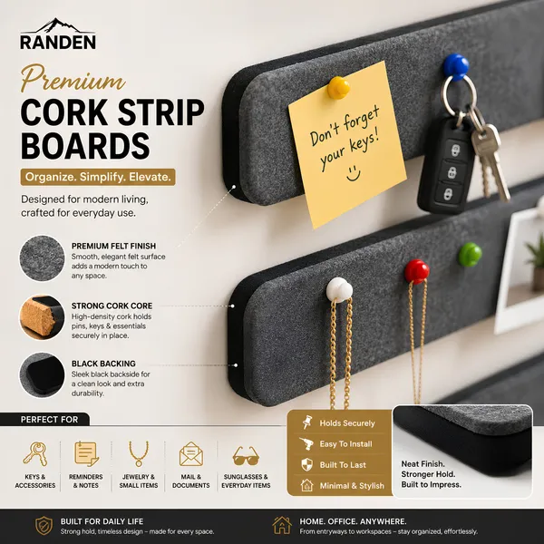 RANDEN_Self_Adhesive_Felt_Bulletin_Bar_Strip,_Multicolor_Board_Strips_with_35_Push_Pins,_Lightweight_Notice_Board_for_Notes,_Photos_and_Schedules_(GREY)
