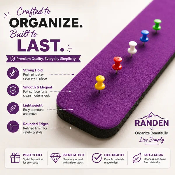 RANDEN_Self_Adhesive_Felt_Bulletin_Bar_Strip,_Multicolor_Board_Strips_with_35_Push_Pins,_Lightweight_Notice_Board_for_Notes,_Photos_and_Schedules_(PURPLE)
