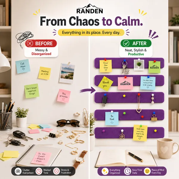 RANDEN_Self_Adhesive_Felt_Bulletin_Bar_Strip,_Multicolor_Board_Strips_with_35_Push_Pins,_Lightweight_Notice_Board_for_Notes,_Photos_and_Schedules_(PURPLE)