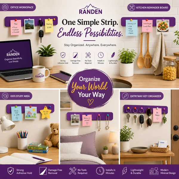 RANDEN_Self_Adhesive_Felt_Bulletin_Bar_Strip,_Multicolor_Board_Strips_with_35_Push_Pins,_Lightweight_Notice_Board_for_Notes,_Photos_and_Schedules_(PURPLE)