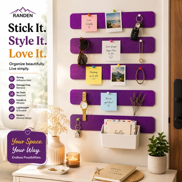 RANDEN_Self_Adhesive_Felt_Bulletin_Bar_Strip,_Multicolor_Board_Strips_with_35_Push_Pins,_Lightweight_Notice_Board_for_Notes,_Photos_and_Schedules_(PURPLE)