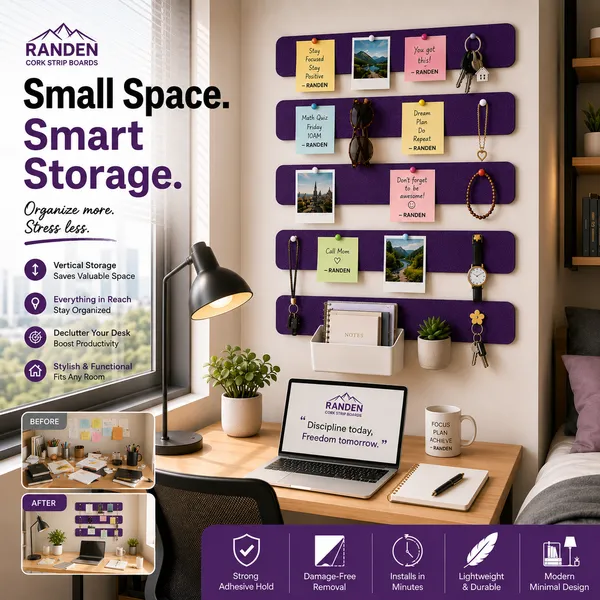 RANDEN_Self_Adhesive_Felt_Bulletin_Bar_Strip,_Multicolor_Board_Strips_with_35_Push_Pins,_Lightweight_Notice_Board_for_Notes,_Photos_and_Schedules_(PURPLE)