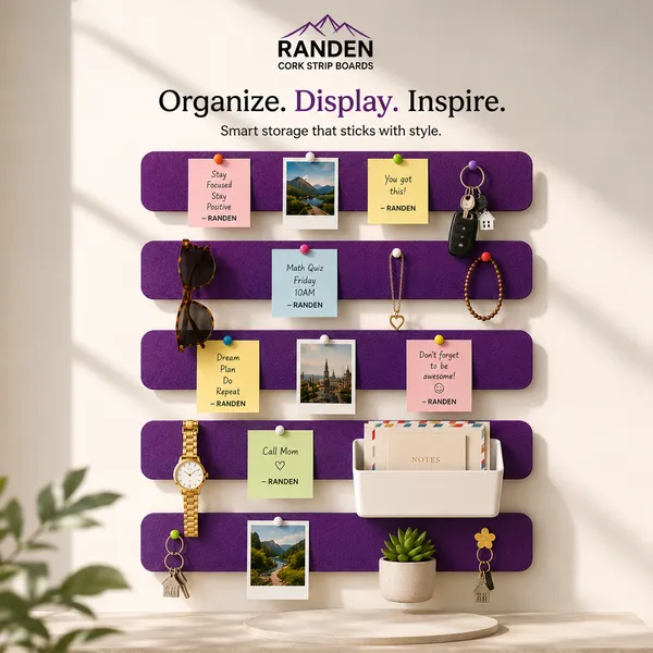RANDEN_Self_Adhesive_Felt_Bulletin_Bar_Strip,_Multicolor_Board_Strips_with_35_Push_Pins,_Lightweight_Notice_Board_for_Notes,_Photos_and_Schedules_(PURPLE)