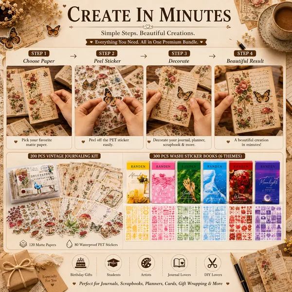RANDEN_Vintage_Journal_Kit_500_PCS_-_Journaling_Supplies_Kit_with_200_Vintage_Journal_Stickers,_6_Washi_Sticker_Books,_Scrapbook_Paper,_Junk_Journal_Supplies,_Planner,_Collage_&_DIY_Craft_Kit