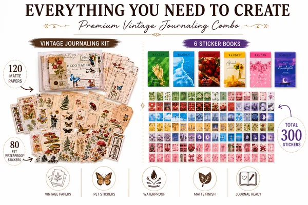 RANDEN_Vintage_Journal_Kit_500_PCS_-_Journaling_Supplies_Kit_with_200_Vintage_Journal_Stickers,_6_Washi_Sticker_Books,_Scrapbook_Paper,_Junk_Journal_Supplies,_Planner,_Collage_&_DIY_Craft_Kit