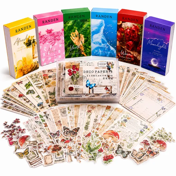 RANDEN_Vintage_Journal_Kit_500_PCS_-_Journaling_Supplies_Kit_with_200_Vintage_Journal_Stickers,_6_Washi_Sticker_Books,_Scrapbook_Paper,_Junk_Journal_Supplies,_Planner,_Collage_&_DIY_Craft_Kit