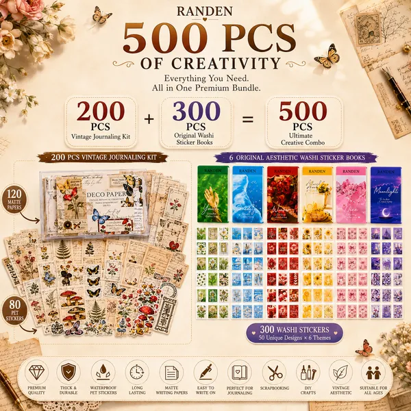 RANDEN_Vintage_Journal_Kit_500_PCS_-_Journaling_Supplies_Kit_with_200_Vintage_Journal_Stickers,_6_Washi_Sticker_Books,_Scrapbook_Paper,_Junk_Journal_Supplies,_Planner,_Collage_&_DIY_Craft_Kit