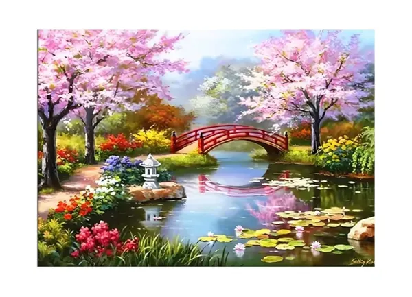 Multicolor_Diamond_Art_Kit,_5D_Diamond_Painting_Kit,Bridge_Peach_Tree_Spring_Pool_Lotus_Pond_5D_Diamond_Painting_Set,_Perfect_For_Relaxation_And_Home_Wall_Decor_30X40_Cm