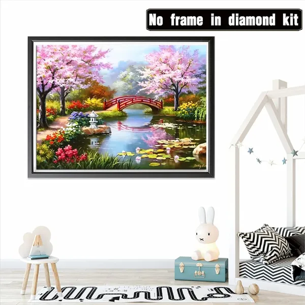Multicolor_Diamond_Art_Kit,_5D_Diamond_Painting_Kit,Bridge_Peach_Tree_Spring_Pool_Lotus_Pond_5D_Diamond_Painting_Set,_Perfect_For_Relaxation_And_Home_Wall_Decor_30X40_Cm