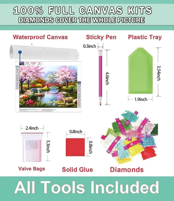 Multicolor_Diamond_Art_Kit,_5D_Diamond_Painting_Kit,Bridge_Peach_Tree_Spring_Pool_Lotus_Pond_5D_Diamond_Painting_Set,_Perfect_For_Relaxation_And_Home_Wall_Decor_30X40_Cm