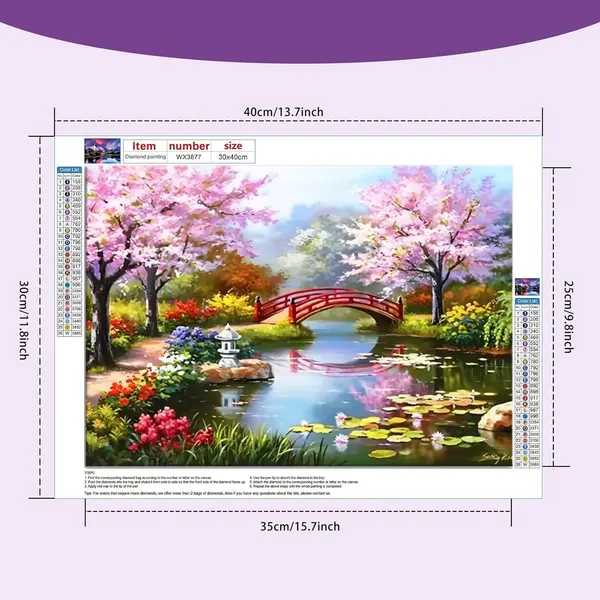 Multicolor_Diamond_Art_Kit,_5D_Diamond_Painting_Kit,Bridge_Peach_Tree_Spring_Pool_Lotus_Pond_5D_Diamond_Painting_Set,_Perfect_For_Relaxation_And_Home_Wall_Decor_30X40_Cm