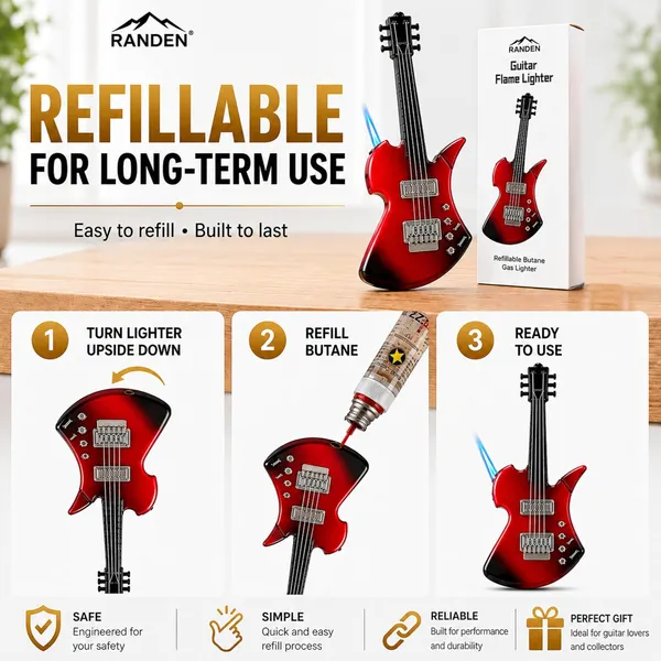Randen_Guitar_Flame_Lighter,_Refillable_Butane_Torch,_Novelty_Gift_(Red)