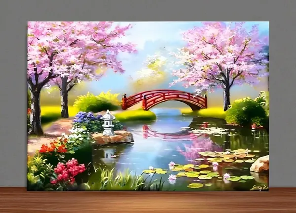 Multicolor_Diamond_Art_Kit,_5D_Diamond_Painting_Kit,Bridge_Peach_Tree_Spring_Pool_Lotus_Pond_5D_Diamond_Painting_Set,_Perfect_For_Relaxation_And_Home_Wall_Decor_30X40_Cm