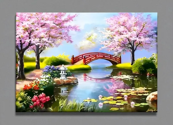 Multicolor_Diamond_Art_Kit,_5D_Diamond_Painting_Kit,Bridge_Peach_Tree_Spring_Pool_Lotus_Pond_5D_Diamond_Painting_Set,_Perfect_For_Relaxation_And_Home_Wall_Decor_30X40_Cm