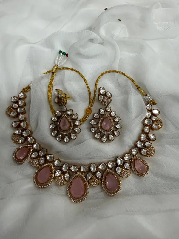 Pink_Premium_Handcrafted_Designer_Golden_Necklace_With_Matching_Earrings_Set_For_Women