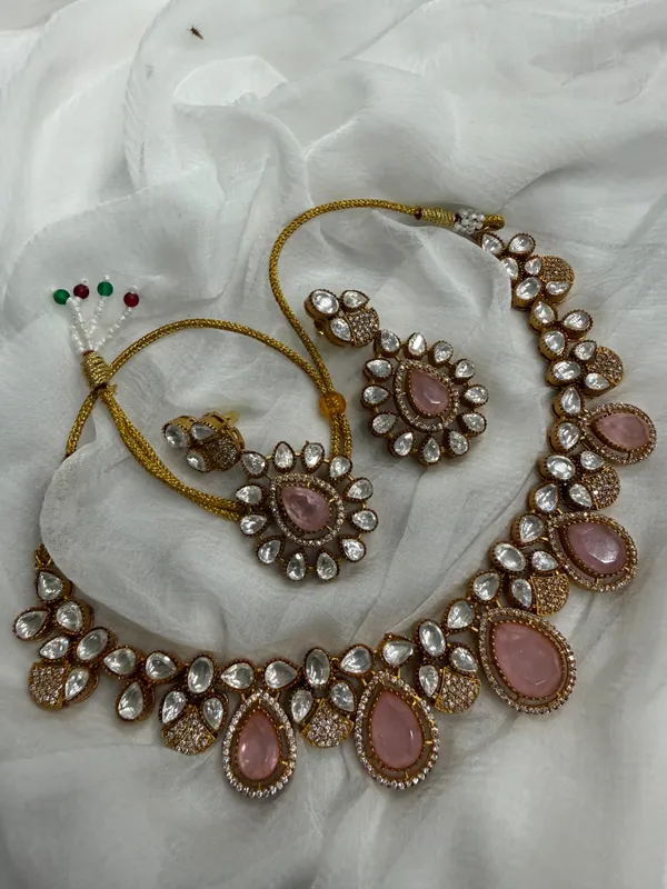Pink_Premium_Handcrafted_Designer_Golden_Necklace_With_Matching_Earrings_Set_For_Women