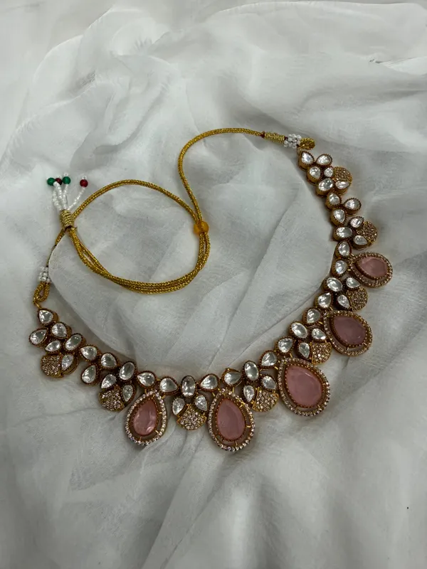 Pink_Premium_Handcrafted_Designer_Golden_Necklace_With_Matching_Earrings_Set_For_Women