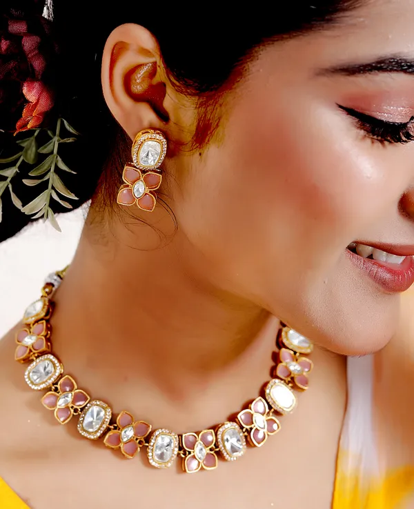 Peach_Premium_Handcrafted_Designer_Golden_Necklace_With_Matching_Earrings_Set_For_Women