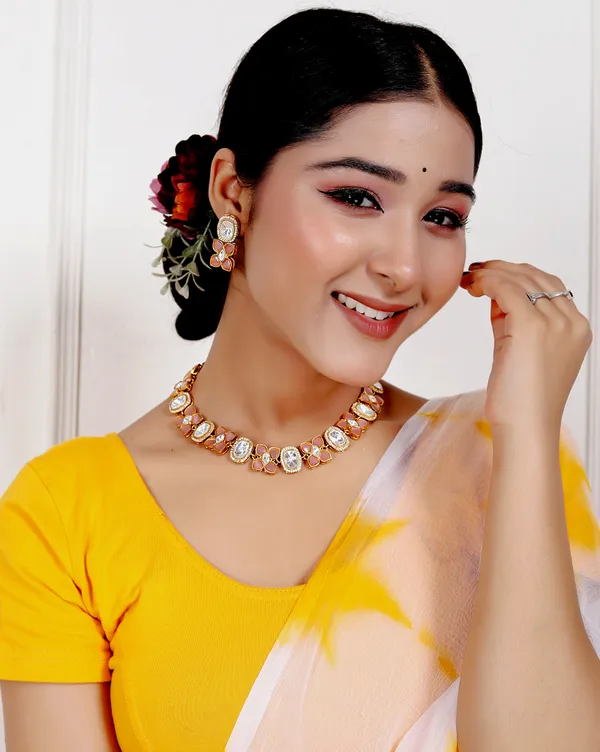 Peach_Premium_Handcrafted_Designer_Golden_Necklace_With_Matching_Earrings_Set_For_Women