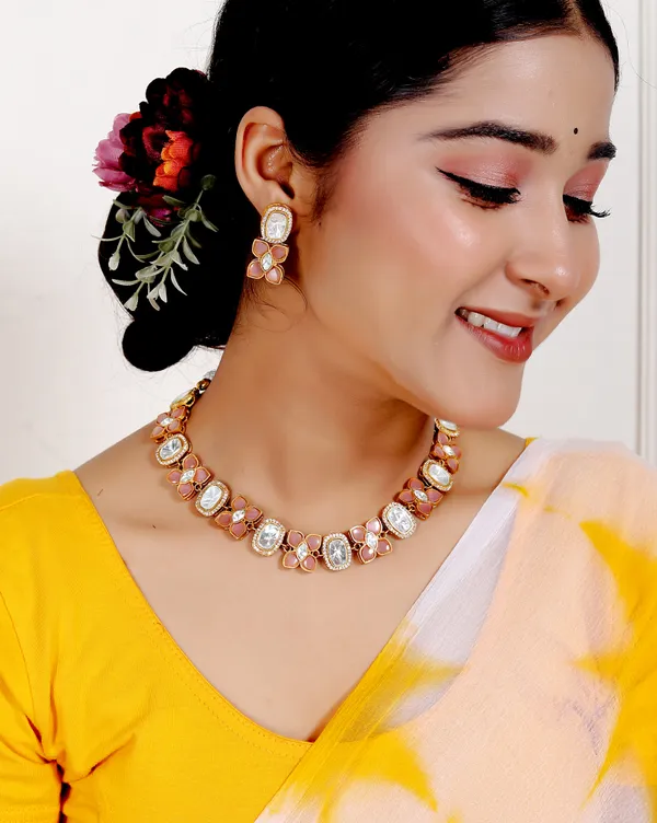 Peach_Premium_Handcrafted_Designer_Golden_Necklace_With_Matching_Earrings_Set_For_Women