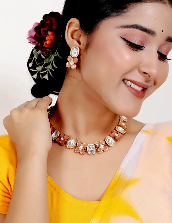 Peach_Premium_Handcrafted_Designer_Golden_Necklace_With_Matching_Earrings_Set_For_Women