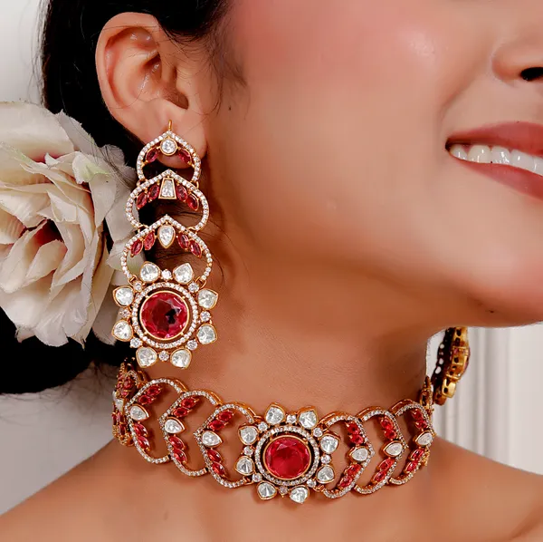 Pink_Premium_Handcrafted_Designer_Golden_Necklace_With_Matching_Earrings_Set_For_Women