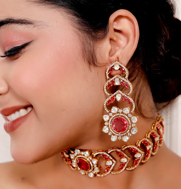 Pink_Premium_Handcrafted_Designer_Golden_Necklace_With_Matching_Earrings_Set_For_Women