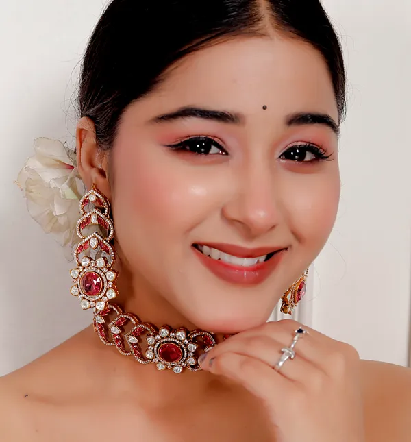 Pink_Premium_Handcrafted_Designer_Golden_Necklace_With_Matching_Earrings_Set_For_Women