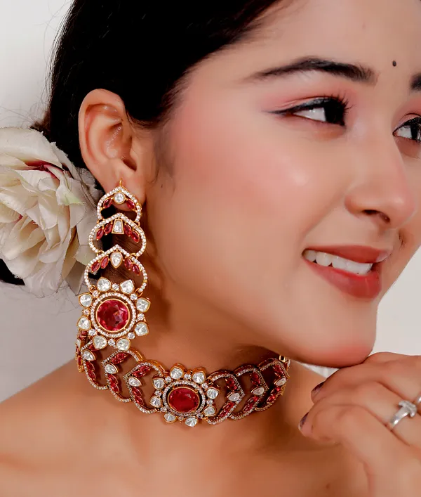 Pink_Premium_Handcrafted_Designer_Golden_Necklace_With_Matching_Earrings_Set_For_Women