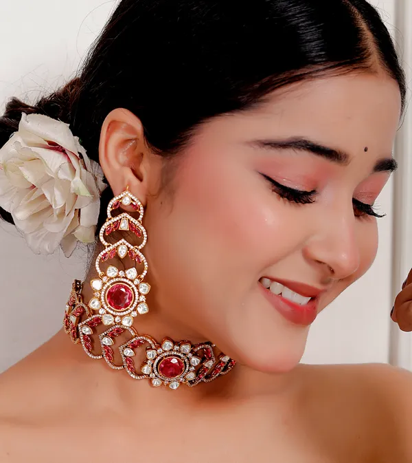 Pink_Premium_Handcrafted_Designer_Golden_Necklace_With_Matching_Earrings_Set_For_Women